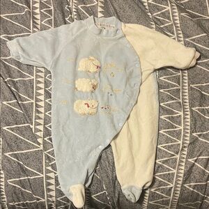Unbranded Baby Blue & Cream Footed One-Piece with Sheep Embroidery